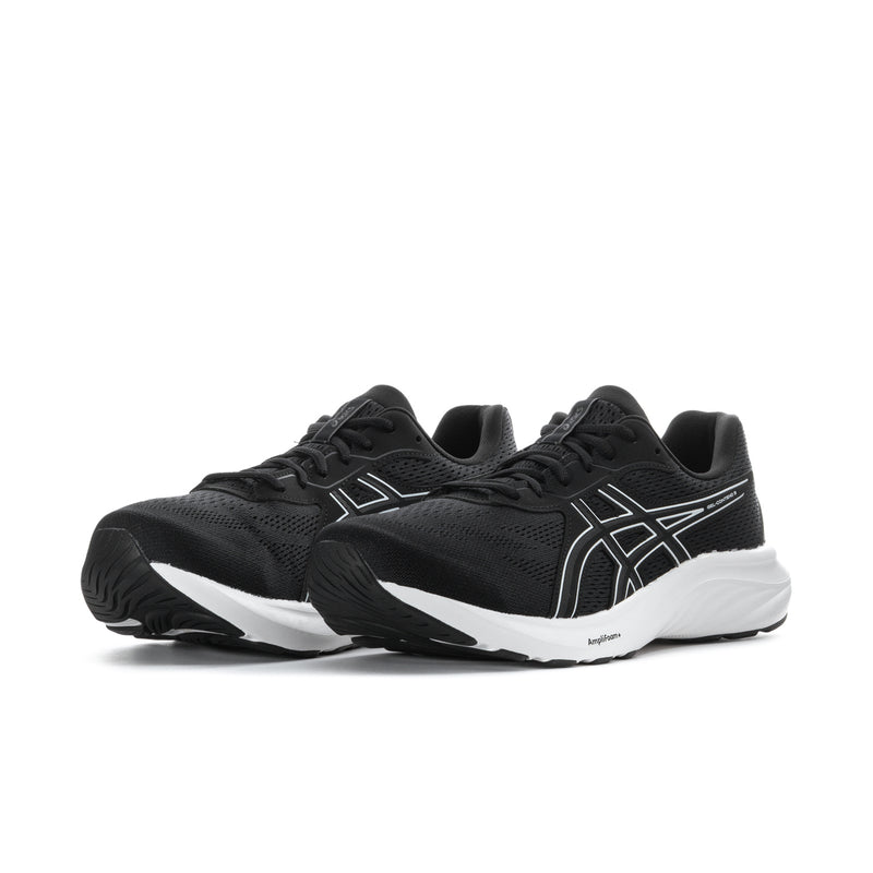 Men's extra-wide running shoes, black mesh upper with white stripe accents and thick sole.
