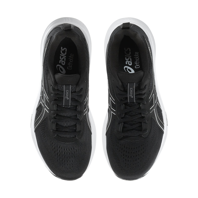Pair of men's extra-wide shoes shown from above, black uppers with black laces.