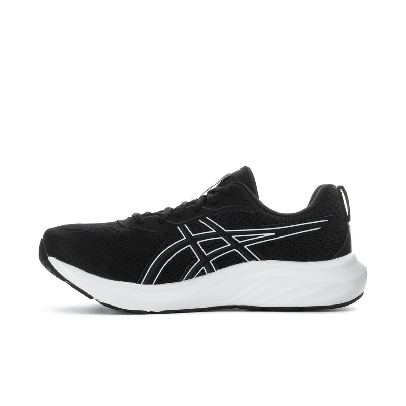 Men's extra-wide running shoes, black upper with white stripe logo and cushioned sole.