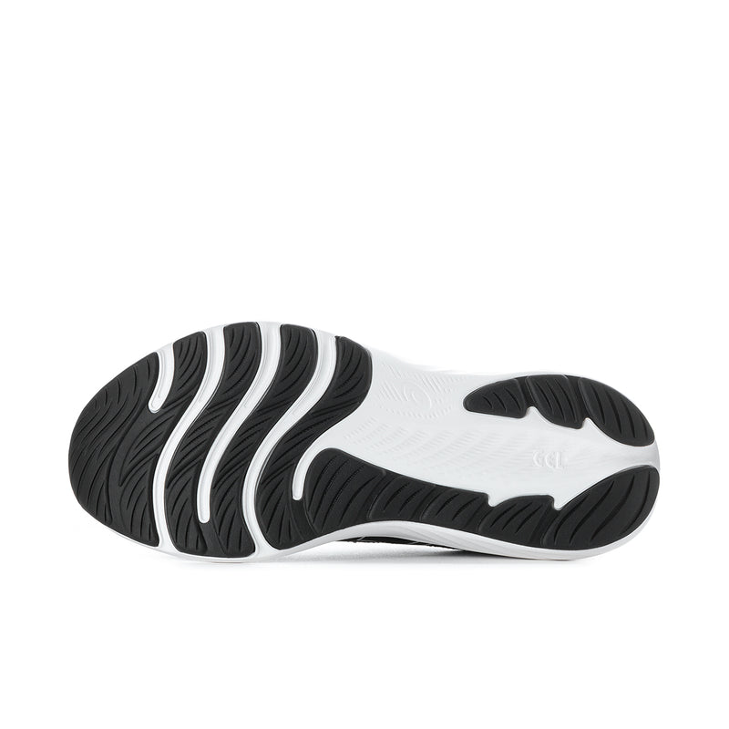 Men's extra-wide running shoe outsole, white sidewalls with black traction tread.