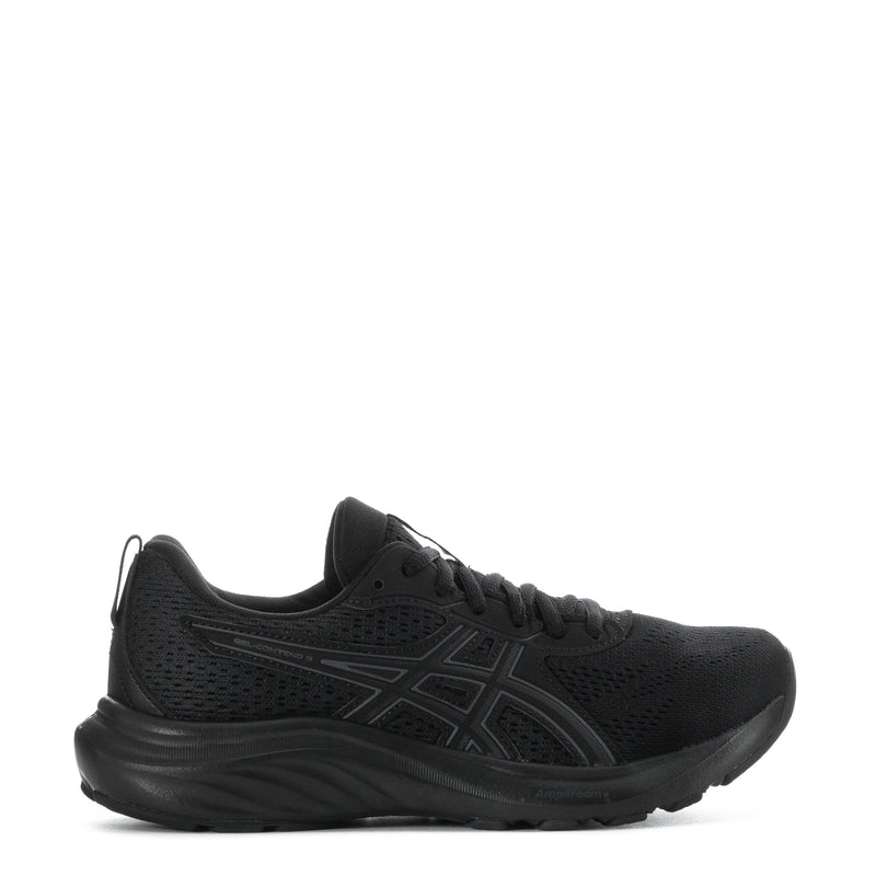 Black women's running shoe with mesh upper, lace-up closure, and sporty side logo