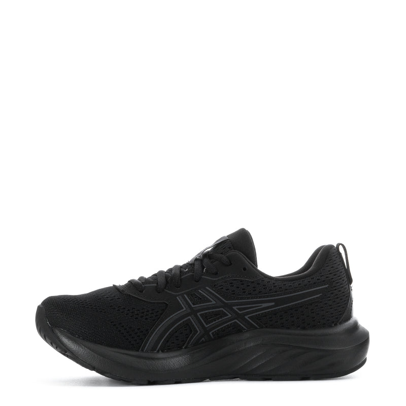 Black women's running shoe viewed from side, lace-up design with padded collar