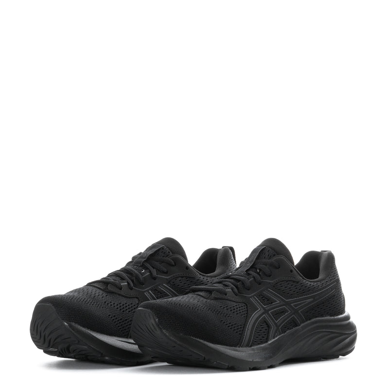 Black women's running shoe in front 3/4 view, textured upper and GEL-style midsole