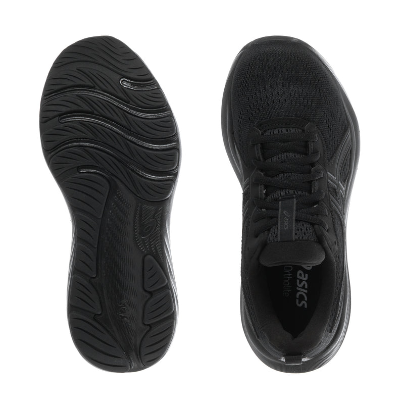 Black women's running shoe pair showing outsole tread and lace-up heel view