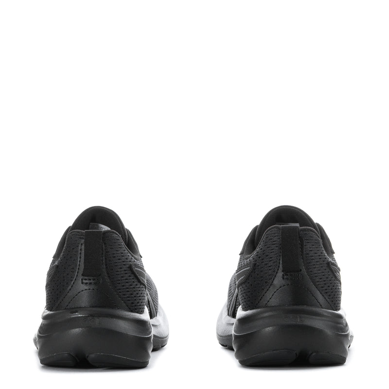 Black women's running shoe back view, cushioned heel and rear cushioning detail
