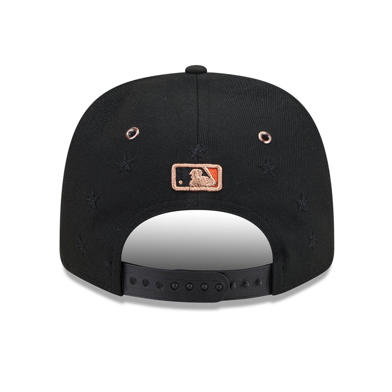 Black baseball cap with orange rectangular logo patch on back panel.