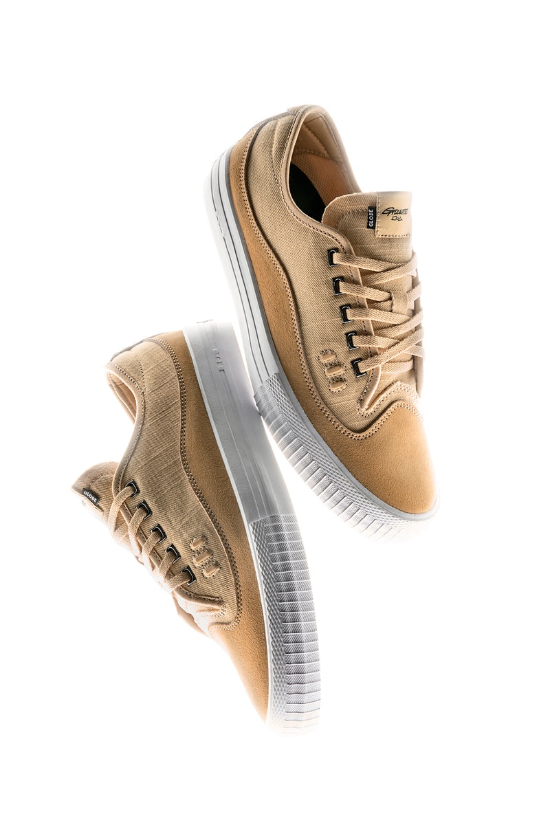Gillette Khaki Linen skate shoe close up highlighting tan upper and white sole