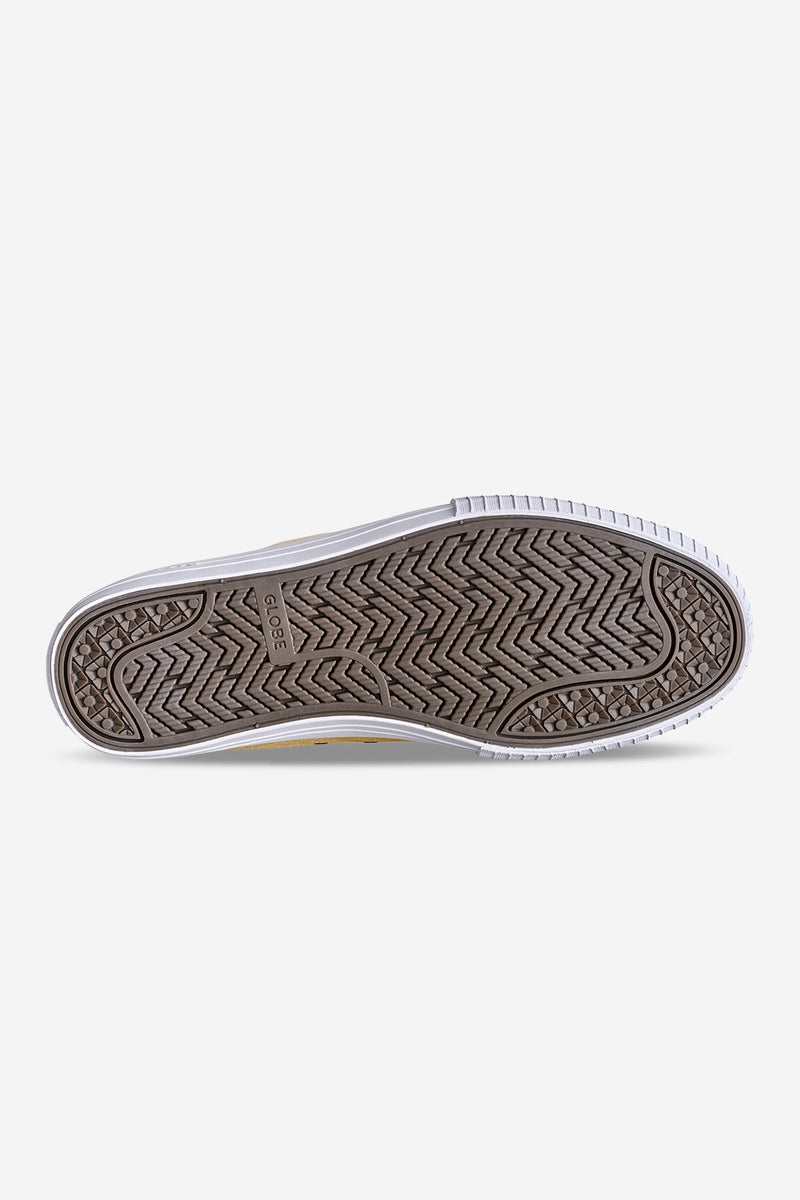 Bottom view of khaki Linen Globe pro skate shoe with textured brown outsole and zigzag tread.