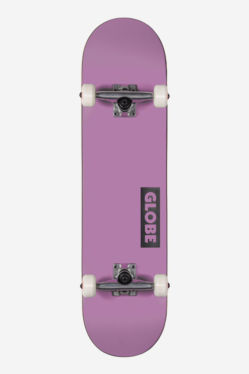 Top view of a purple Desert Dusk Goodstock complete skateboard with white wheels and silver trucks.