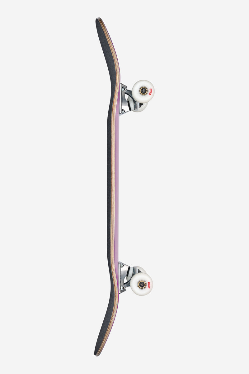 Desert Dusk complete skateboard shown from the side with purple edge Tensor trucks and white wheels
