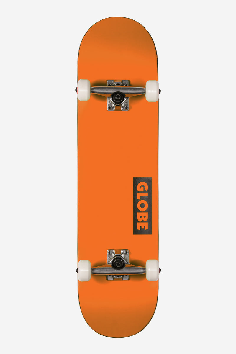 Top view of the Goodstock Firecracker complete skateboard orange deck white wheels and Globe branding along the side