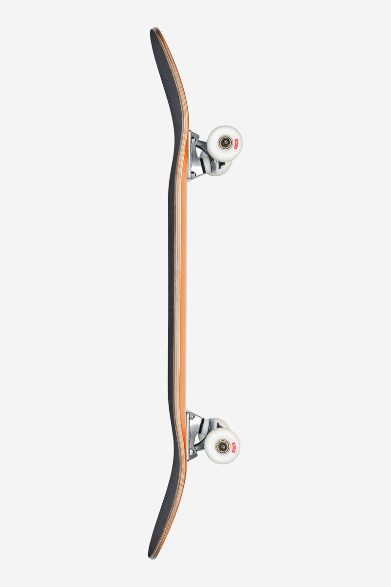 Side view of Goodstock Firecracker 8.0 resin-7 maple longboard deck with white wheels and silver trucks.