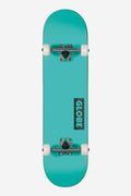 Top-down view of turquoise Goodstock Waterfall complete skateboard with white wheels and silver trucks.
