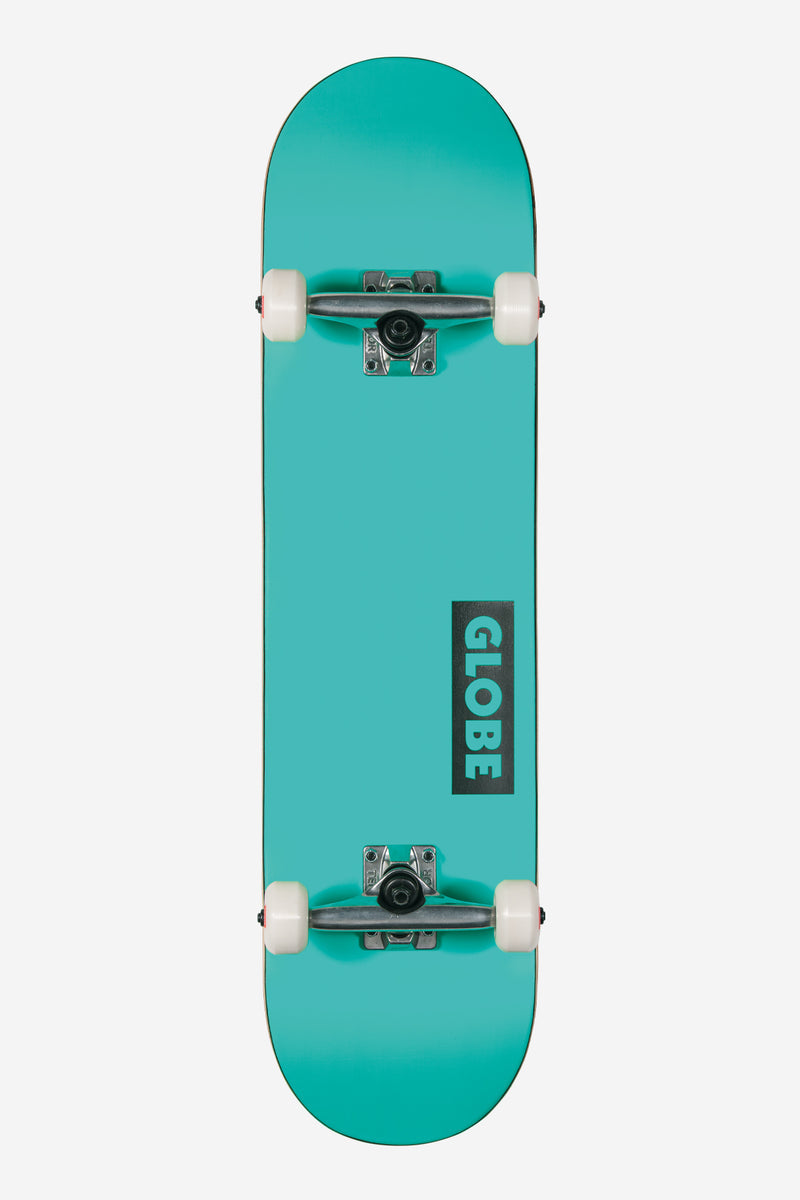 Top-down view of turquoise Goodstock Waterfall complete skateboard with white wheels and silver trucks.