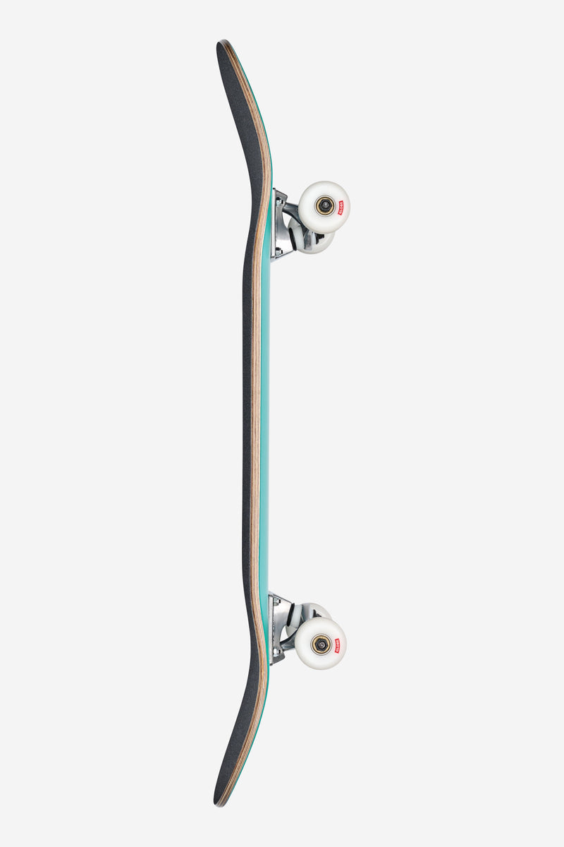 Side profile of turquoise Waterfall skateboard showing teal edge and mounted trucks with white wheels.
