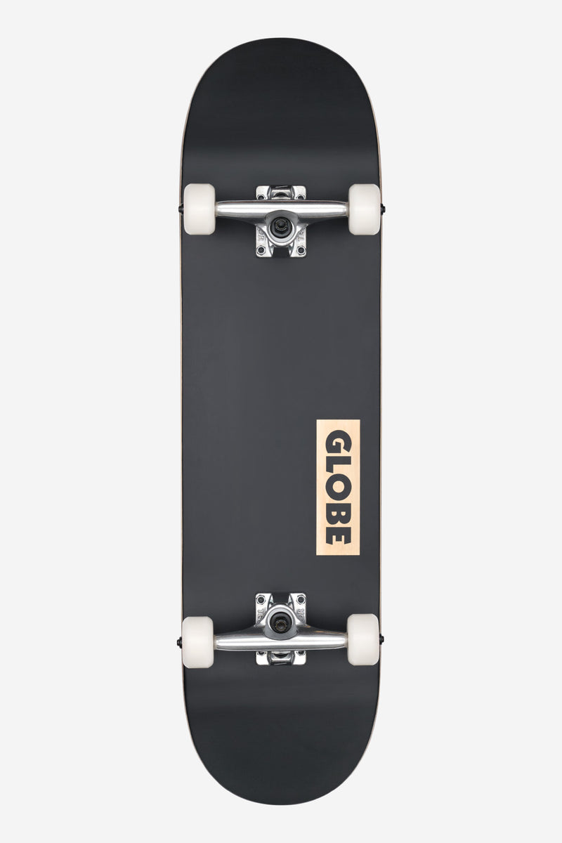 Top view of black Goodstock skateboard with white wheels and silver trucks; Globe label on the deck.