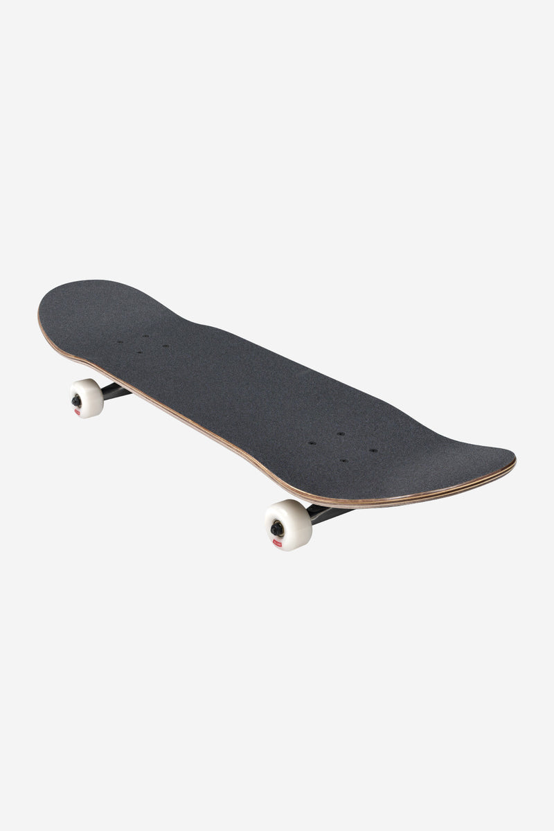 Goodstock Complete 8.375 inch Black skateboard with dark deck, white wheels and silver trucks.
