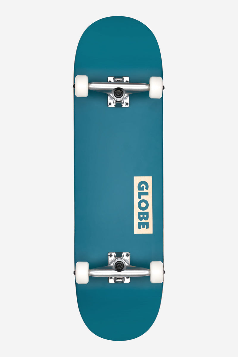Teal Globe complete skateboard viewed from top with white wheels and metal trucks.