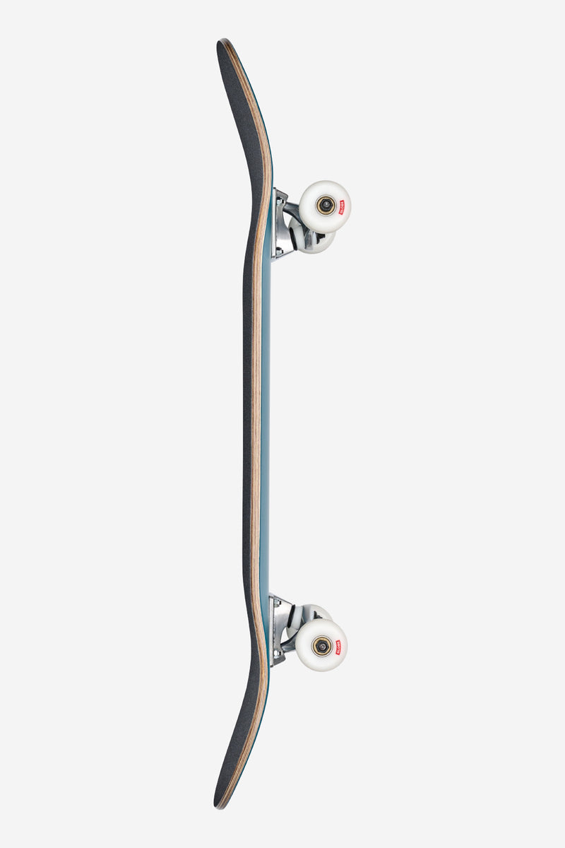 Side view of Dark Teal Goodstock complete skateboard with 6 inch Tensor trucks and 53mm white wheels