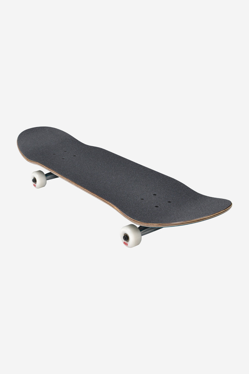 Angled side view of Dark Teal Goodstock complete skateboard showing trucks and white wheels