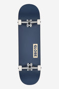 Midnight Blue Goodstock complete skateboard 9.0 inch deck with mounted trucks and a vertical Globe label on the deck.