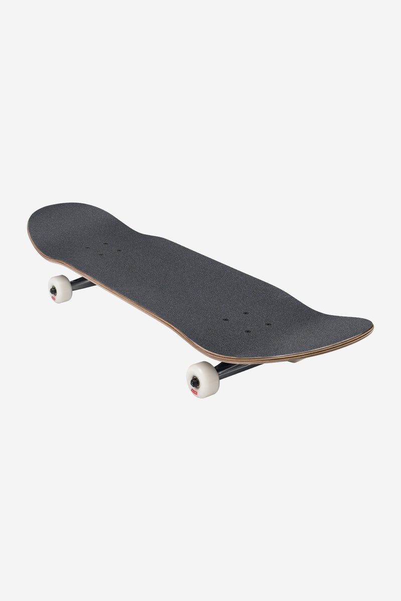 Top view of teal Goodstock 9.0 skateboard deck with four mounting holes and a beige Globe logo