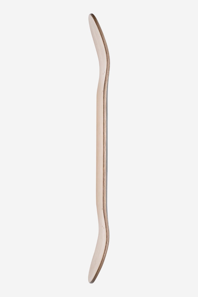 Edge profile of Goodstock Black resin-7 maple deck showing layered construction and concave