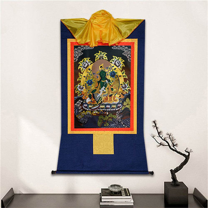Green Tara - in Black Style - Tibetan thangka painting, detailed view