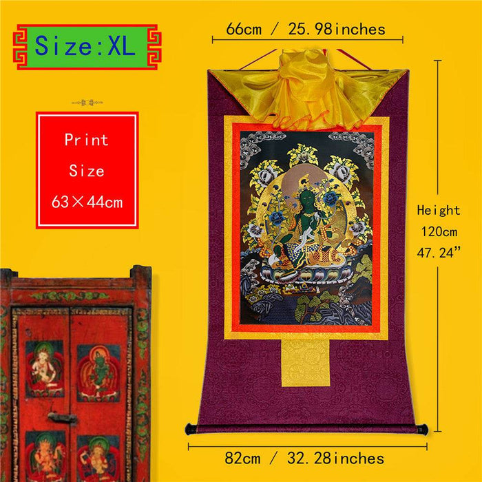 Green Tara - in Black Style - Tibetan thangka painting, close-up detail