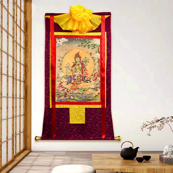 Green Tara Woodblock Thangka Art - Tibetan thangka painting, front view