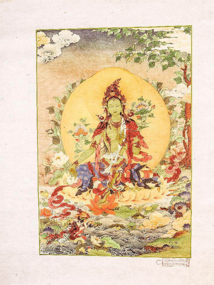 Green Tara Woodblock Thangka Art - Tibetan thangka painting, close-up detail