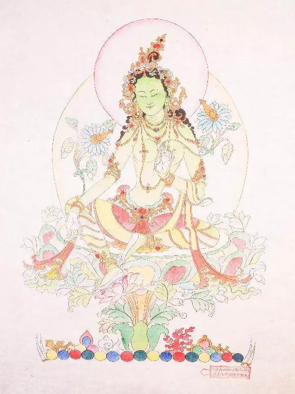 Green Tara Woodblock Thangka Art - Tibetan thangka painting, close-up detail