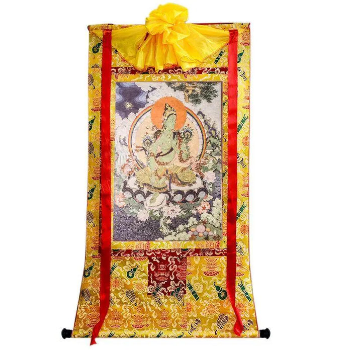 Green Tara Woodblock Thangka Art - Tibetan thangka painting, close-up detail