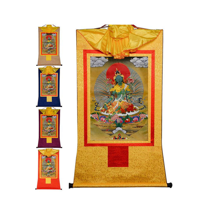 Green Tara - Tibetan thangka painting, front view