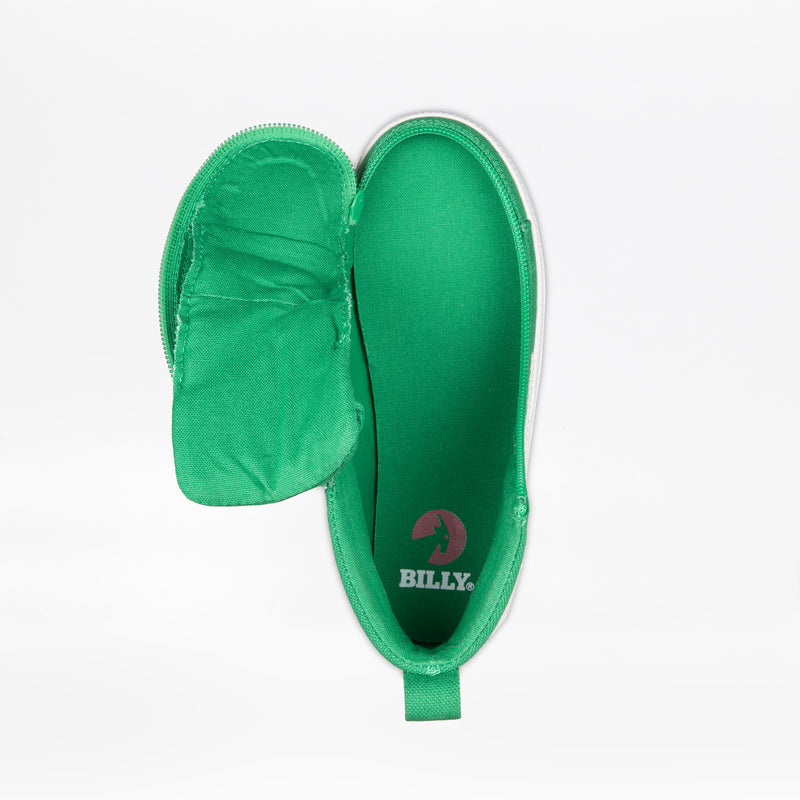 A Green/White BILLY CS High sneaker by BILLY Footwear is shown from above with its upper unzipped to reveal the insole and BILLY logo. A pull tab at the heel emphasizes its adaptive footwear design.