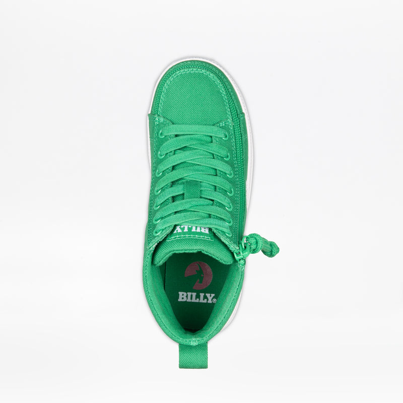 Top view of the Green/White BILLY CS High by BILLY Footwear, a kids' high top sneaker with laces, white sole, side zipper, and gray insole featuring the white and pink BILLY logo, displayed on a plain white background.