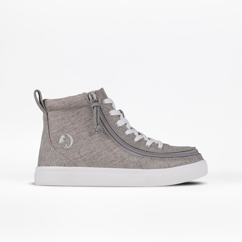 The Grey Jersey BILLY Classic Lace High by BILLY Footwear features a light gray design with white laces, wraparound zipper, white stitching, and a white rubber sole, shown on a plain white background.