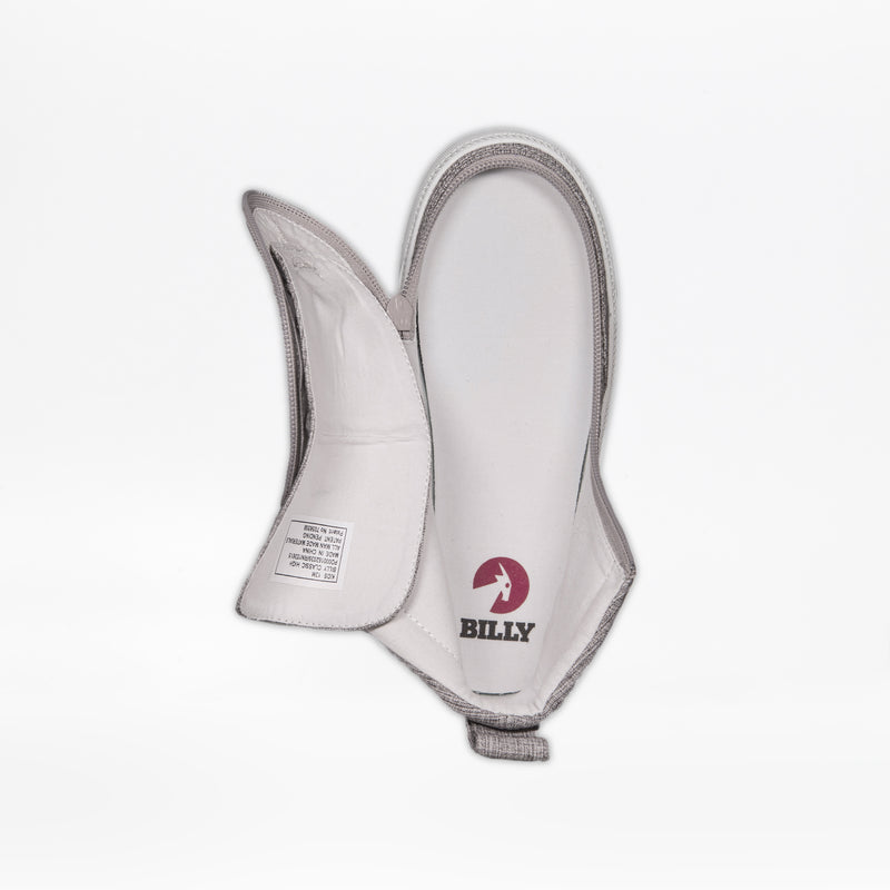 A top view of the open Grey Jersey BILLY Classic Lace High shoe by BILLY Footwear shows the wraparound zipper, white insole with red Billy logo and goat head, and the shoe’s label on the left side.