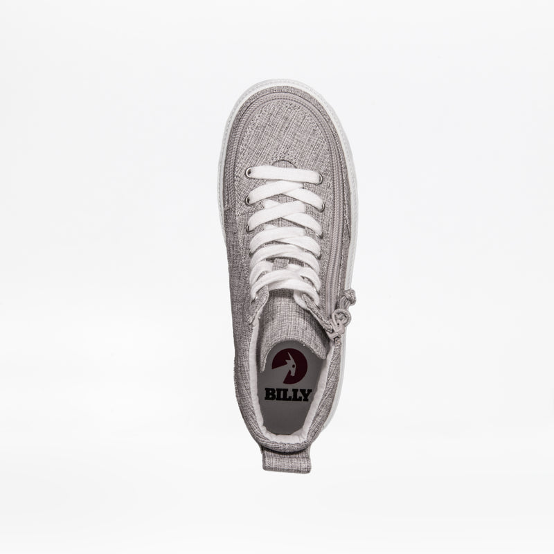 A top view of the Grey Jersey BILLY Classic Lace High sneaker by BILLY Footwear features light grey textured fabric, white laces, a wraparound zipper at the toe, and a maroon insole logo on a plain white background.
