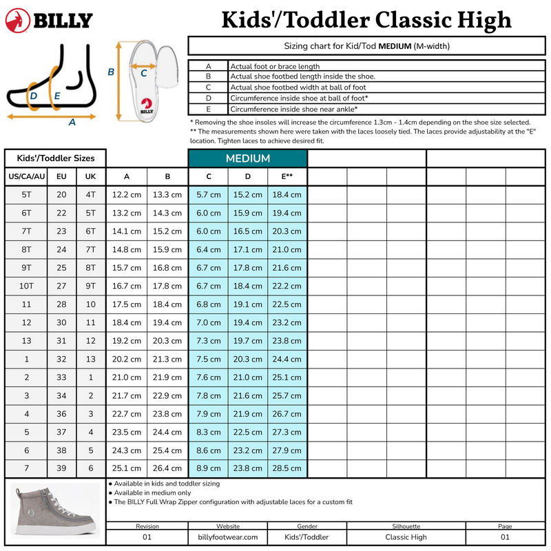 Sizing chart for BILLY Classic Lace High by BILLY Footwear, displaying US/EU/UK sizes, foot lengths, foot measurement visuals, and a grey kids high top sneaker with a wraparound zipper in the bottom left.