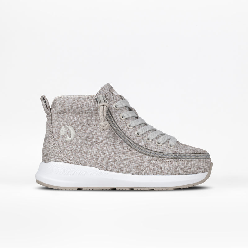 The Grey Jersey BILLY Goat Classic High by BILLY Footwear is an AFO-friendly, light gray high-top sneaker with textured fabric, white rubber sole, matching laces, and a diagonal side zipper, shown against a plain white background.