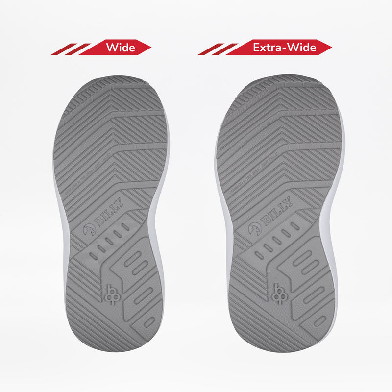 Two gray soles from the BILLY Footwear Grey Jersey BILLY Goat Classic High are shown side by side. The left is Wide, and the right is Extra-Wide, illustrating width options for kids’ shoes and AFO-friendly choices.
