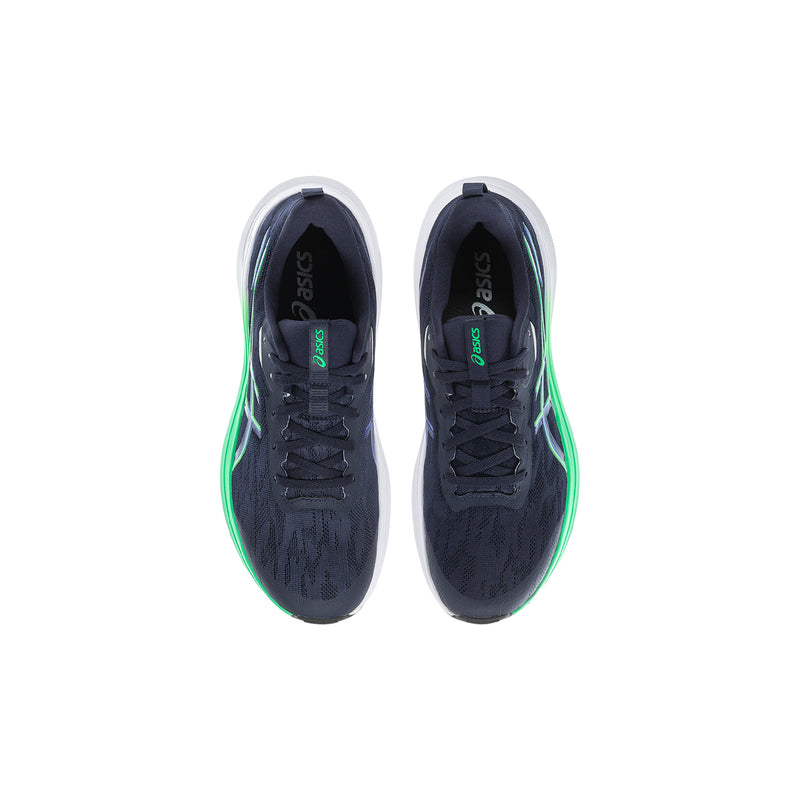 Youth sneakers top view, dark navy mesh uppers with neon green piping and lace loops