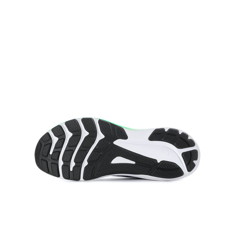 Youth shoe outsole view with black traction pods and white midfoot section