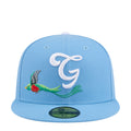 Light blue baseball cap with white 'G' logo and colorful bird embroidery