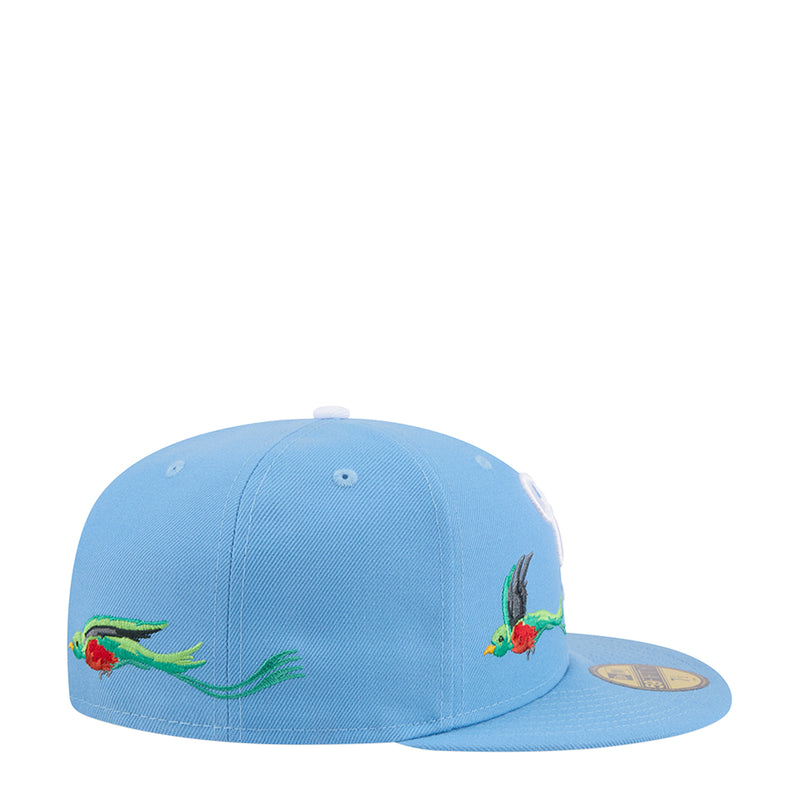 Light blue cap with colorful bird patches and New Era flag logo