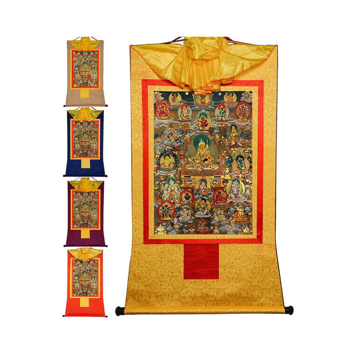 Guru Rinpoche and Gods of Wealth - Tibetan thangka painting, front view