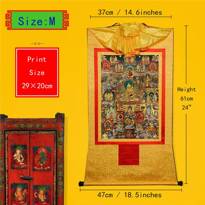 Guru Rinpoche and Gods of Wealth - Tibetan thangka painting, view 5