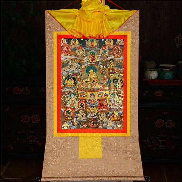 Guru Rinpoche and Gods of Wealth - Tibetan thangka painting, view 8