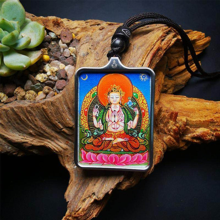Handpainted Locket Thangka Amulet,Chenrezig,Avalokitesvara,Padmapani - Tibetan thangka painting, front view